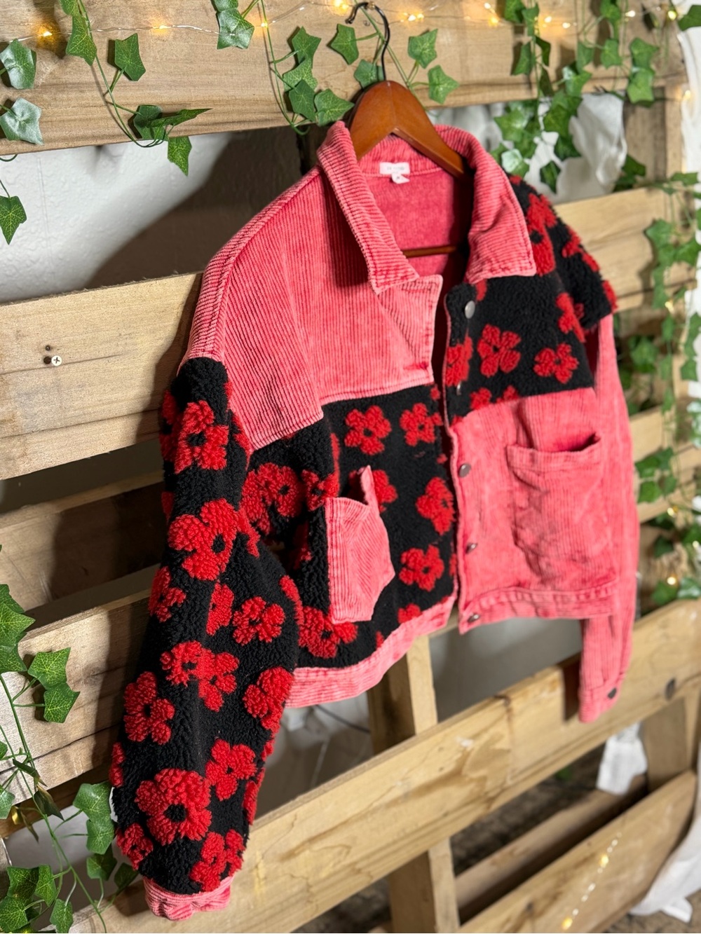 En Creme Red & Black Floral Teddy Corduroy Jacket